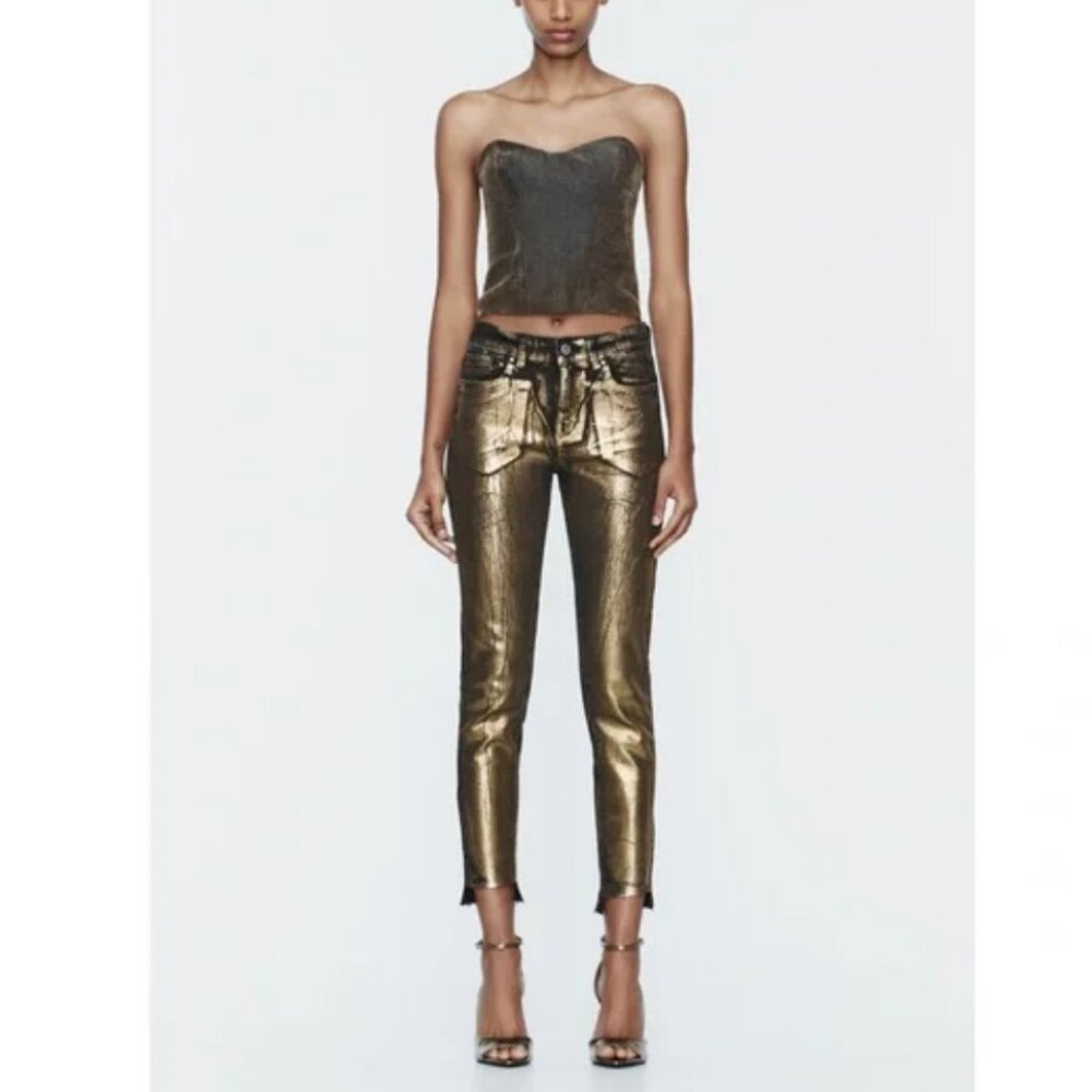Zara Gold Metallic Liquid Foil Skinny Jeans